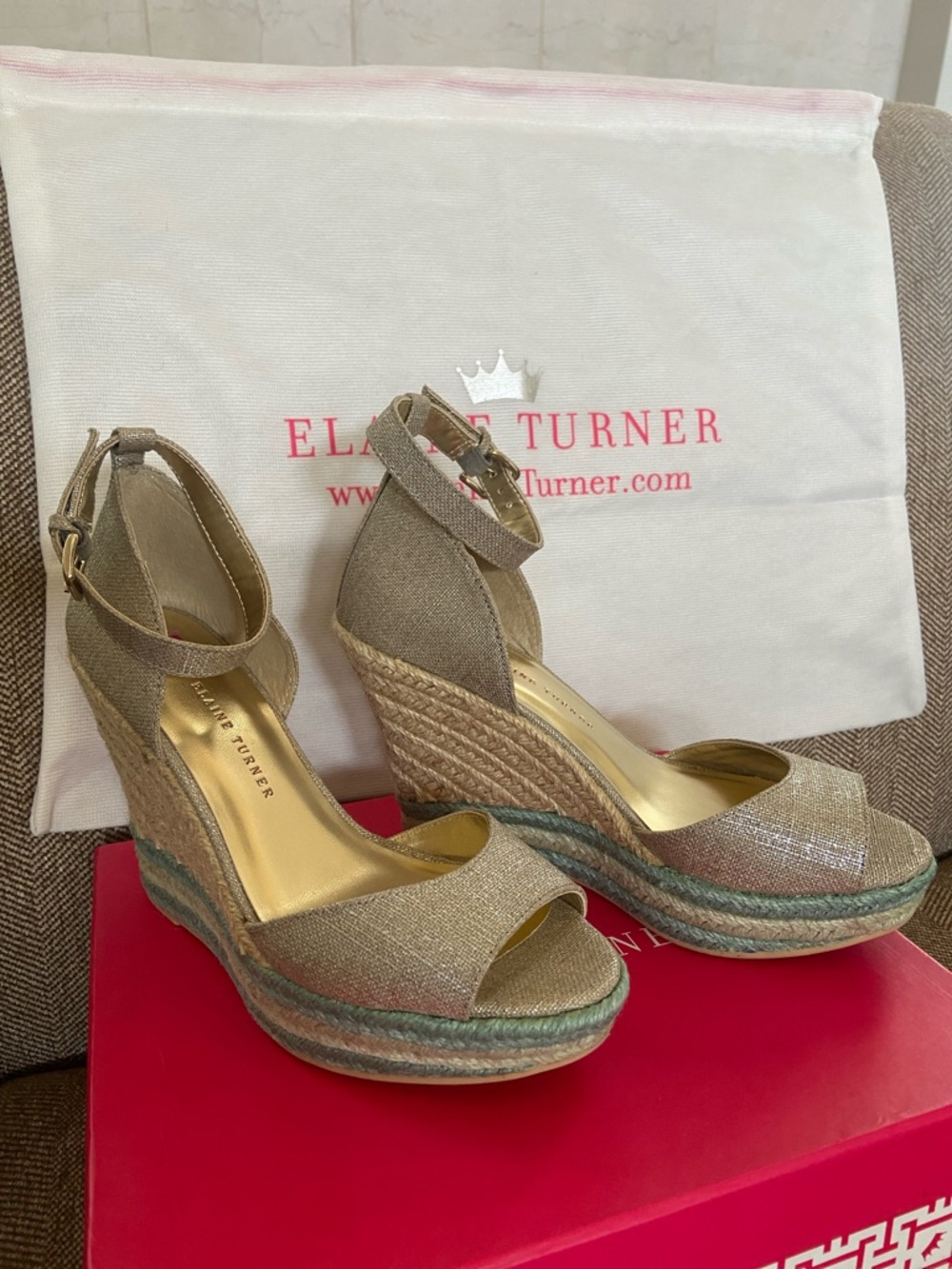 Elaine Turner Espadrilla Sandals, Metallic Linen & Tiffany/Mint Jute. Sz 7, NWT